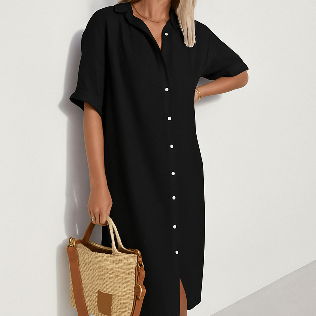 Breathable women's casual linen midi dress, featuring a button-down front for versatile summer fashion