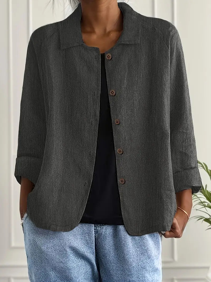 Essential women's button-front lightweight jacket, ideal for versatile styling and layering.