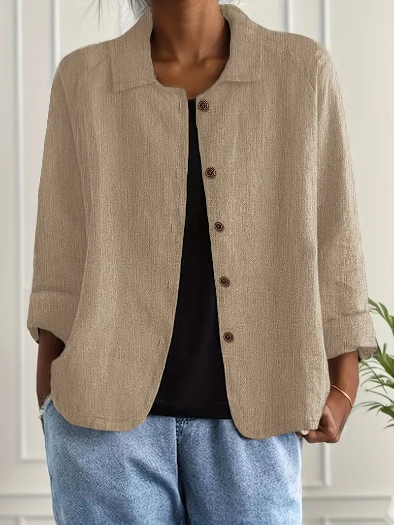 Casual ladies button-front jacket, an essential lightweight outerwear piece for everyday style.
