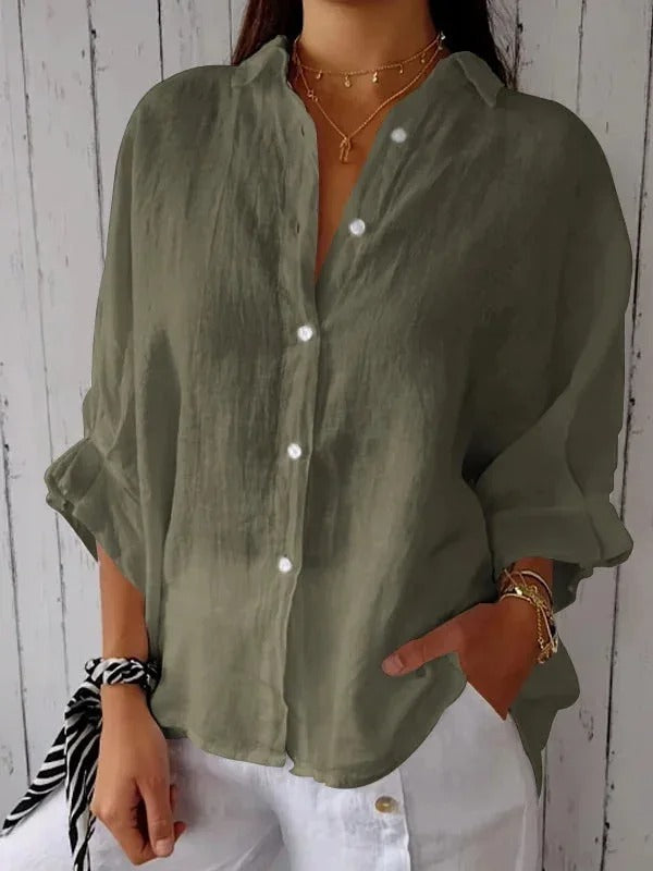 Ladies' fashion button-up top. A soft, comfortable, and chic casual shirt.