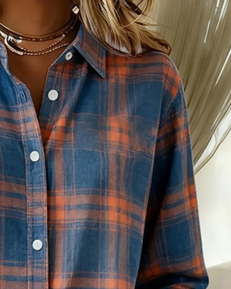 Women's casual checked shirt with long sleeves & notched lapel, versatile for autumn & spring everyday fashion.