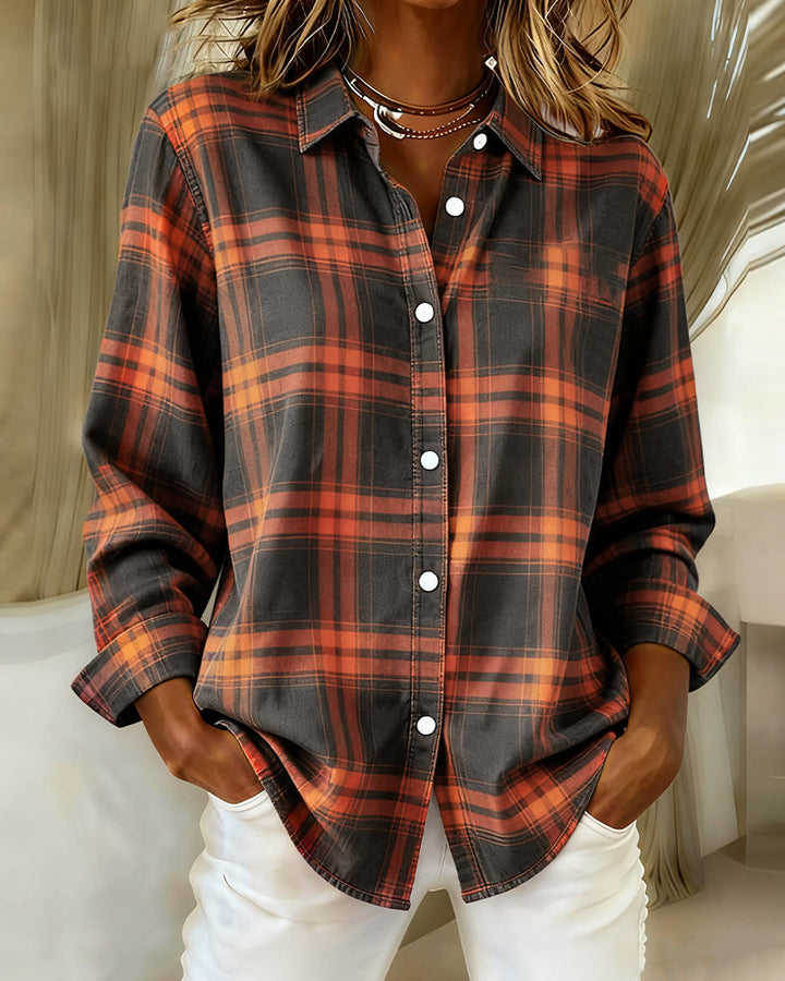 Women's fashionable long sleeve checked shirt with notched lapel, ideal for casual autumn and spring looks.