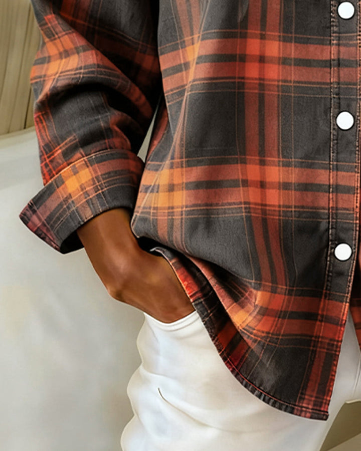 Comfortable women's long sleeve checked shirt with notched lapel, ideal collared blouse for everyday wear.