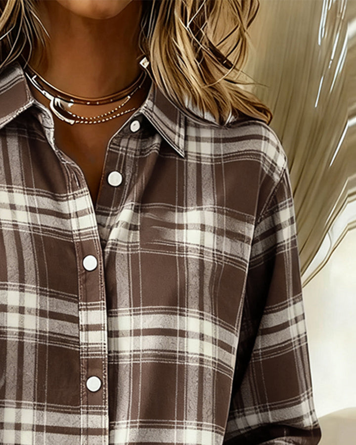 Soft women's casual checked shirt, long sleeves & notched lapel, comfy everyday style for spring & fall fashion.