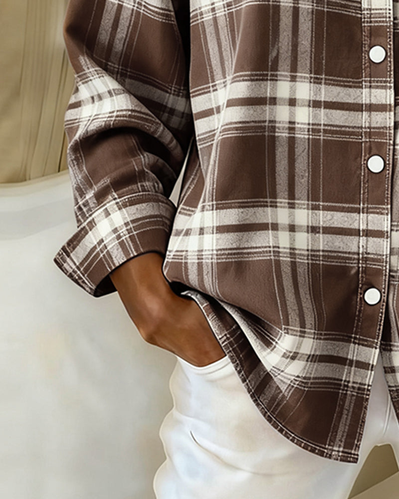 Women's long sleeve checked shirt featuring a stylish notched lapel, a versatile casual fashion top for autumn.