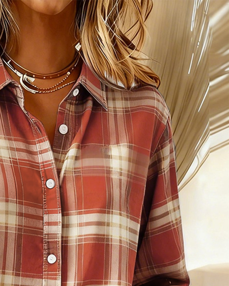 Elegant women's checked long sleeve top with notched lapel, a stylish collared blouse for casual fashion.