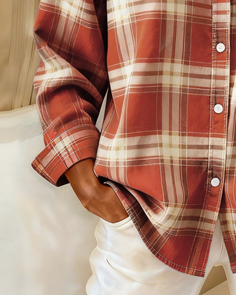 Spring/autumn women's checked shirt, long sleeves & notched lapel, a versatile casual fashion top for ladies.