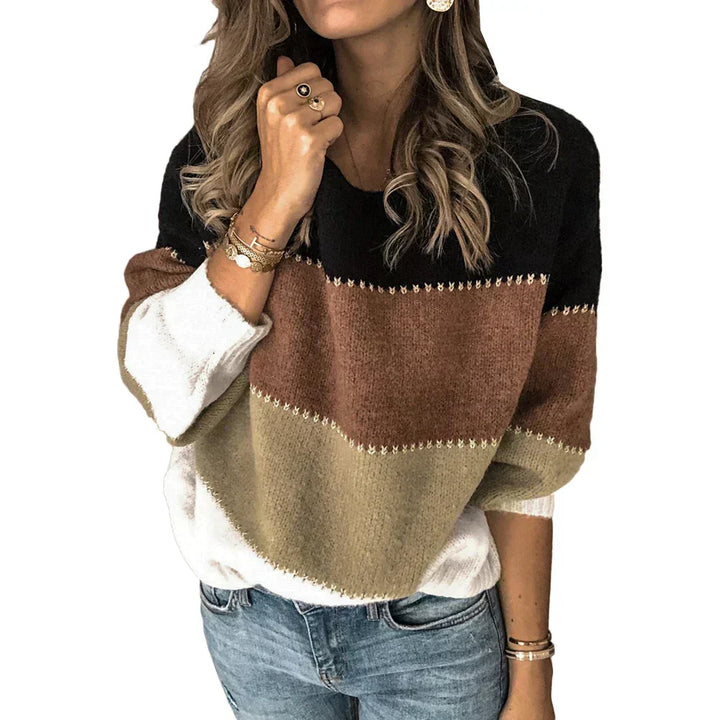 Casual women's colorblock top, crew neck, long sleeve, ideal for everyday style