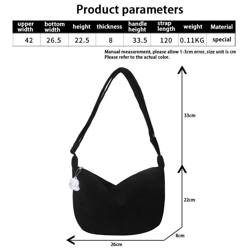 Stylish corduroy hobo bag, a practical women's shoulder bag ideal for daily casual outfits.