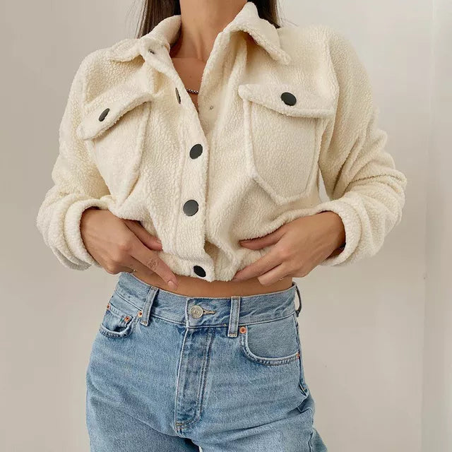 Women's casual cropped snap-up lightweight jacket in modern style, perfect for spring or fall outerwear.