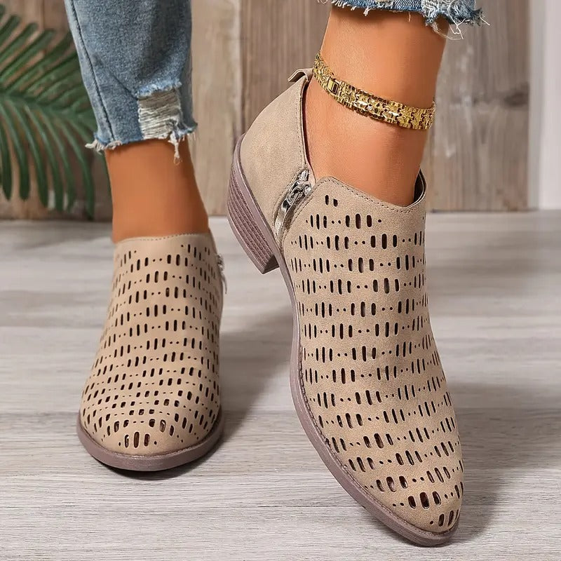 Women's casual cutout ankle boots, black slip-on design for spring & summer fashion