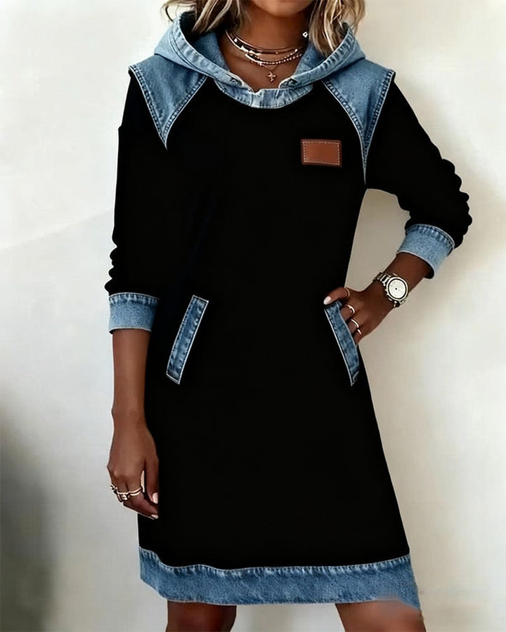 Women's casual denim hoodie dress, comfortable long sleeve midi for fall fashion