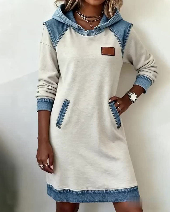 Denim hooded dress for women, urban streetwear style, front view, casual fit