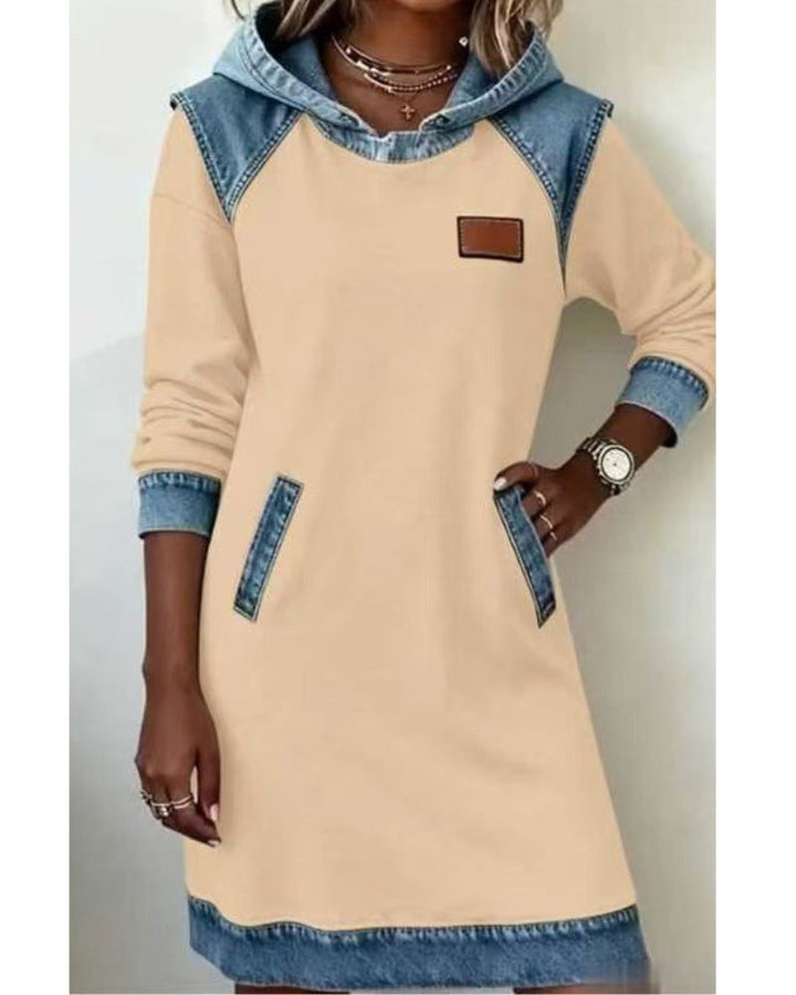 Midi denim dress with hood, women's long sleeve, perfect for comfortable fall wear