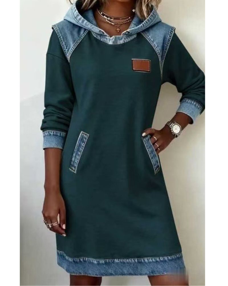 Casual women's denim dress, hooded design, highlighting soft fabric and midi length