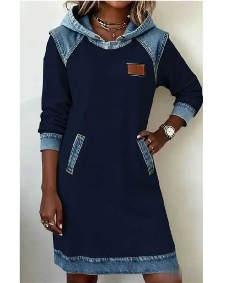 Female model wearing a comfortable denim hoodie dress, suitable for urban style