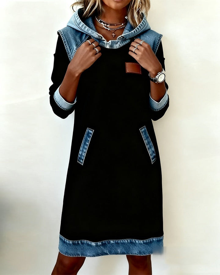 Long sleeve denim midi dress, women's streetwear with a cozy hooded detail