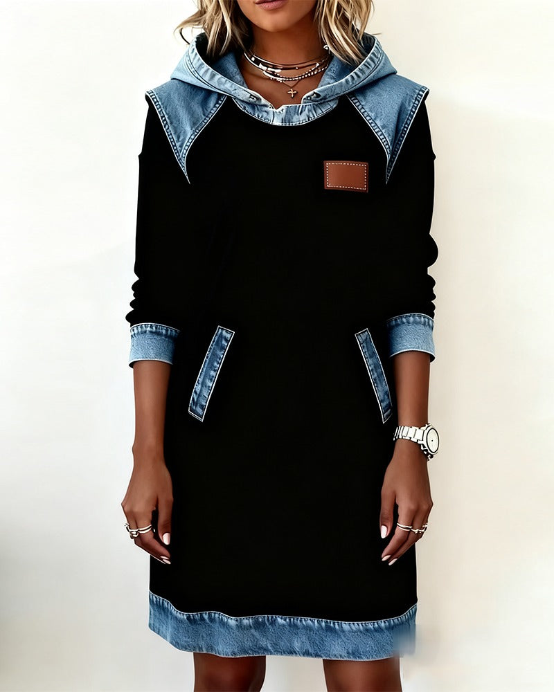 Women's fall fashion denim dress, hooded and casual, showcasing its versatile design