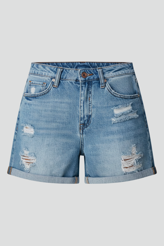 Women's casual distressed blue denim shorts with stylish fringe hem, perfect for summer wear.