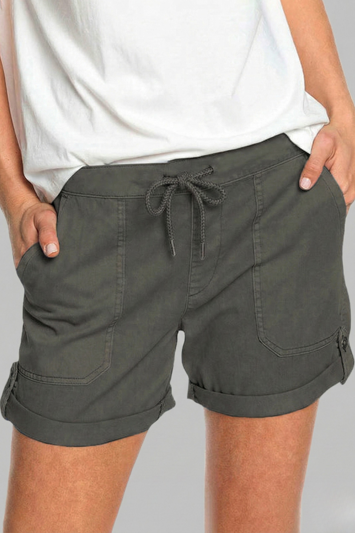 Detail shot of the reinforced stitching on the seams of durable women's summer shorts.