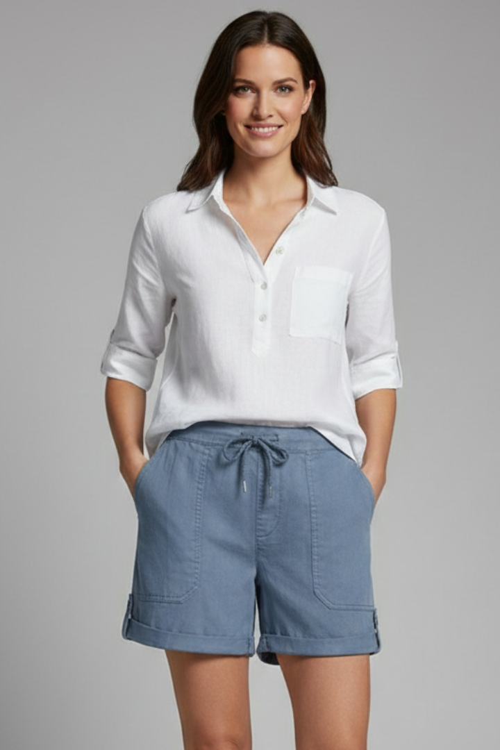 Close-up of the elastic waistband and adjustable drawstring on versatile women's summer shorts.
