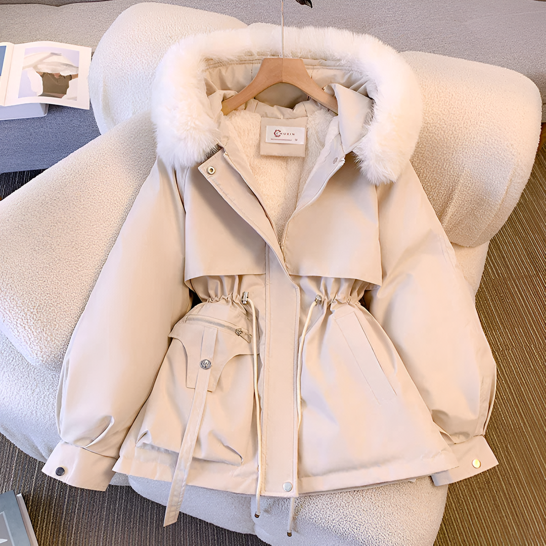 Women's casual drawstring waist winter coat with soft faux fur collar, perfect for long sleeve warmth