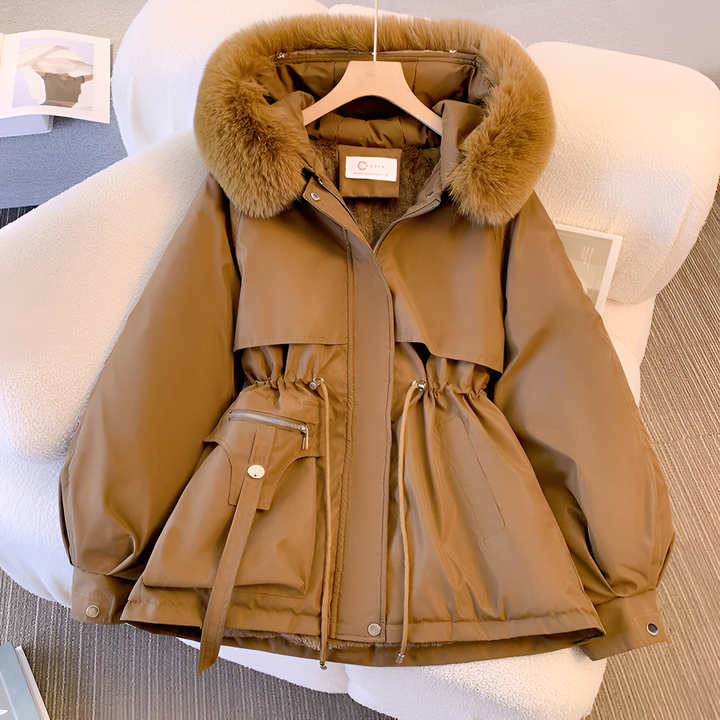 Fashionable long-sleeve women's casual jacket, ideal for winter with a drawstring waist and luxurious faux fur collar