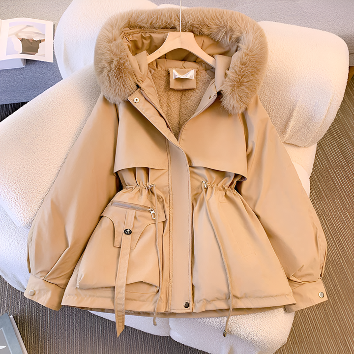 Description of products: Women's winter coat with a practical drawstring waist and chic faux fur collar, ensuring warmth and style