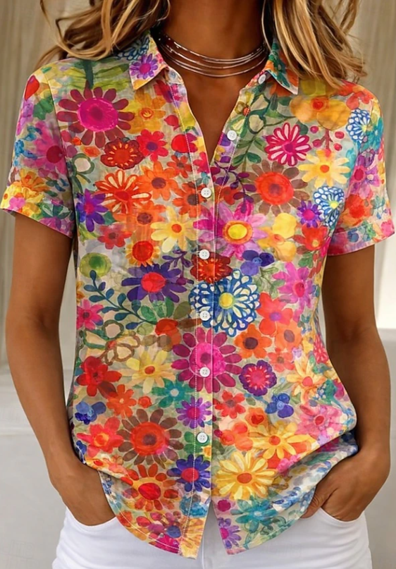 Stylish floral button-up blouse for women. A comfortable short-sleeve top for spring & summer.