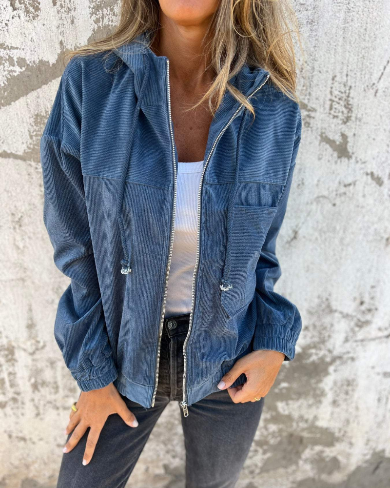 Comfortable women's zip-up jacket with hood, versatile for any casual occasion.