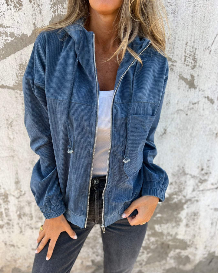 Comfortable women's zip-up jacket with hood, versatile for any casual occasion.
