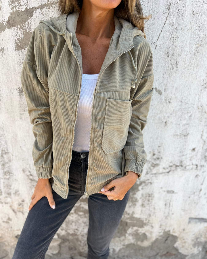 Everyday wear women's outerwear: a hip-length, full zip hooded jacket.