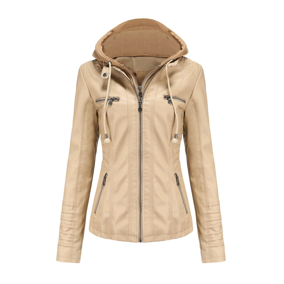 Front view of women's casual jacket featuring a detachable hood and functional zipper, for everyday wear.