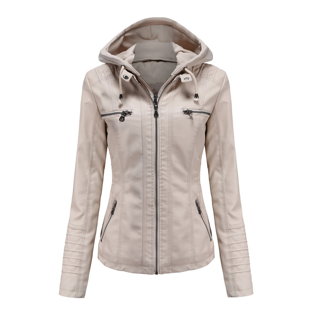 Close-up of the fabric texture on a women's casual hooded jacket, highlighting its comfortable design.