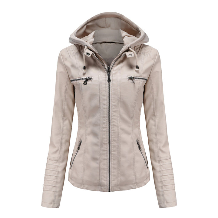 Close-up of the fabric texture on a women's casual hooded jacket, highlighting its comfortable design.