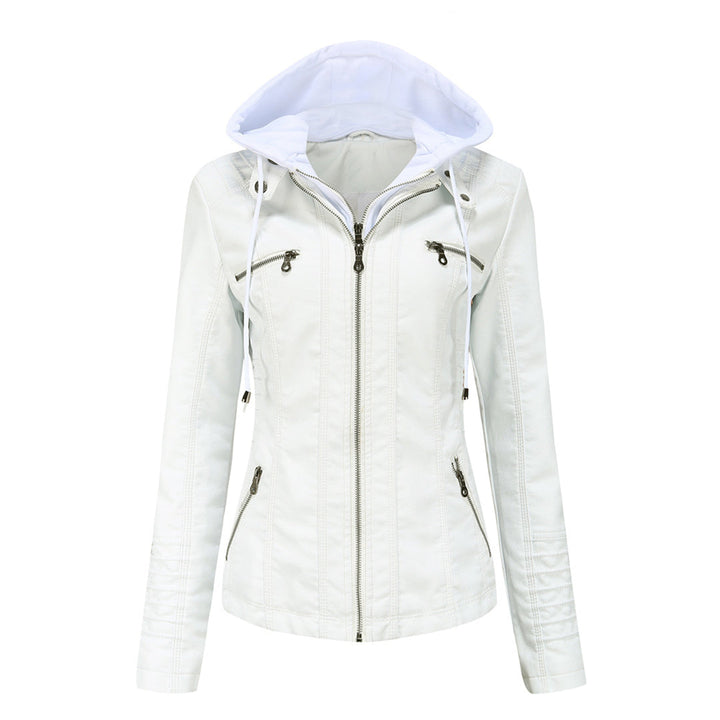 Reversible women's hooded jacket, offering two stylish looks with its detachable hood and zipper.