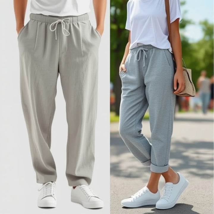 Women's casual khaki chino pants with comfortable elastic waist, relaxed fit for everyday wear.