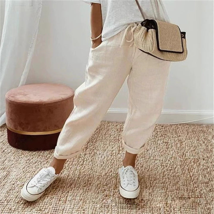 Women's relaxed chino pants with elastic waist, offering comfort and a stylish casual look.