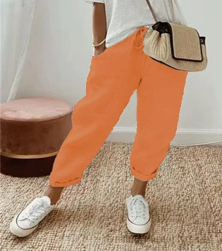 Stylish navy elastic waist chino pants for women, perfect for comfortable casual wear.