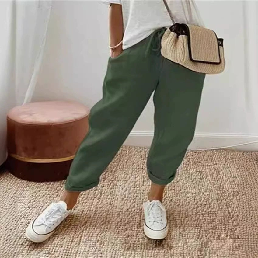 Everyday women's chino pants, elastic waist, providing ultimate comfort and relaxed fit.