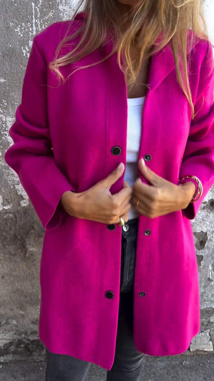 Model wearing a stylish women's button-front knit hoodie jacket, showcasing its comfortable and classic style.