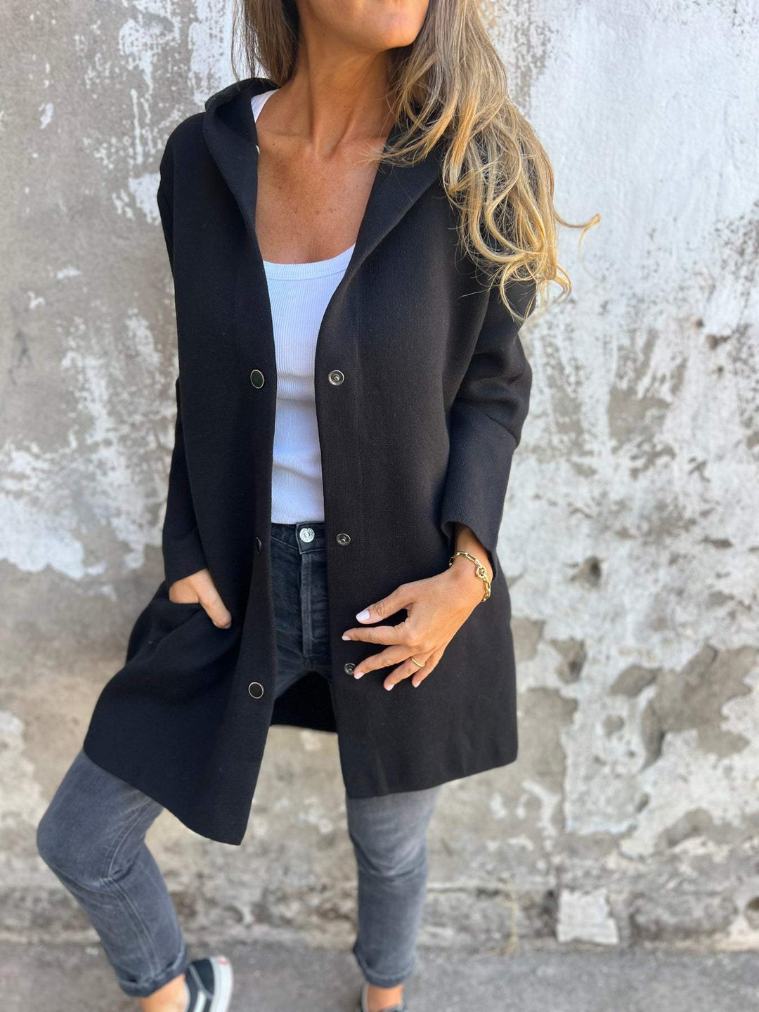 Dark blue women's casual knit hoodie jacket, ideal as a winter coat alternative or layering piece for warmth.