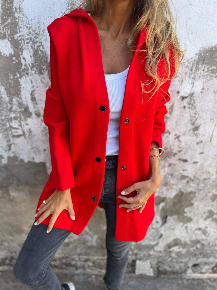 Stylish women's knitwear hoodie jacket with button accents, a must-have for casual outfits and fall fashion.