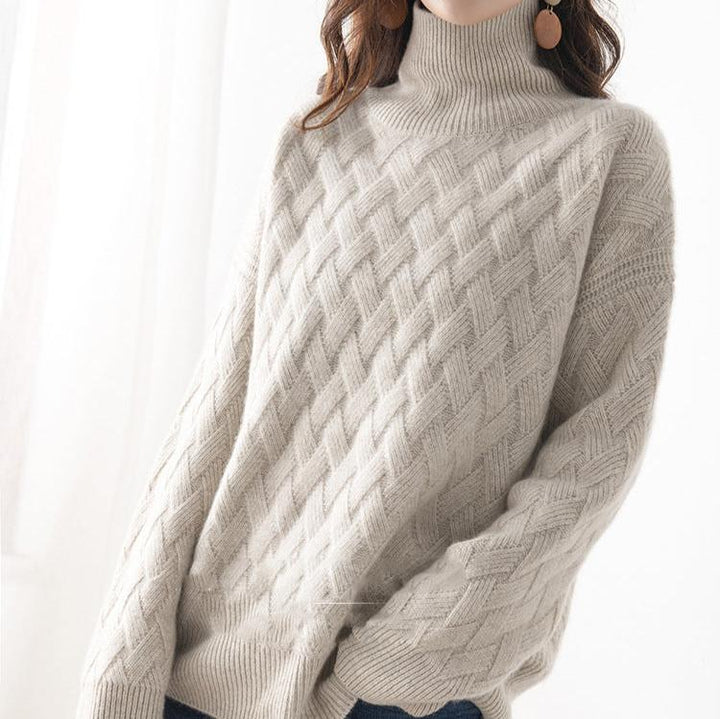 Close-up of the textured knit of a women's casual turtleneck sweater