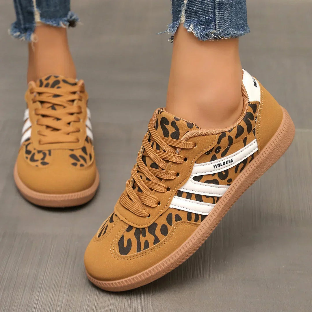 Women's casual lace-up walking sneakers with leopard animal print for comfortable everyday wear