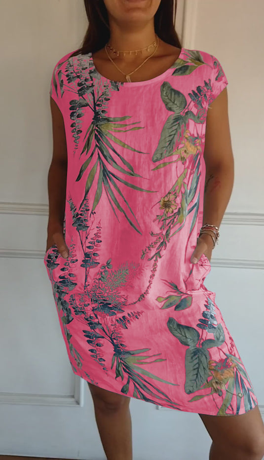 Comfortable women's casual leaf print dress with short sleeves, a must-have for summer fashion.