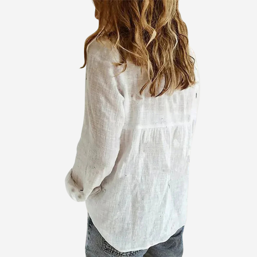 Light blue linen blend button-down blouse for women, relaxed fit, perfect for casual everyday wear