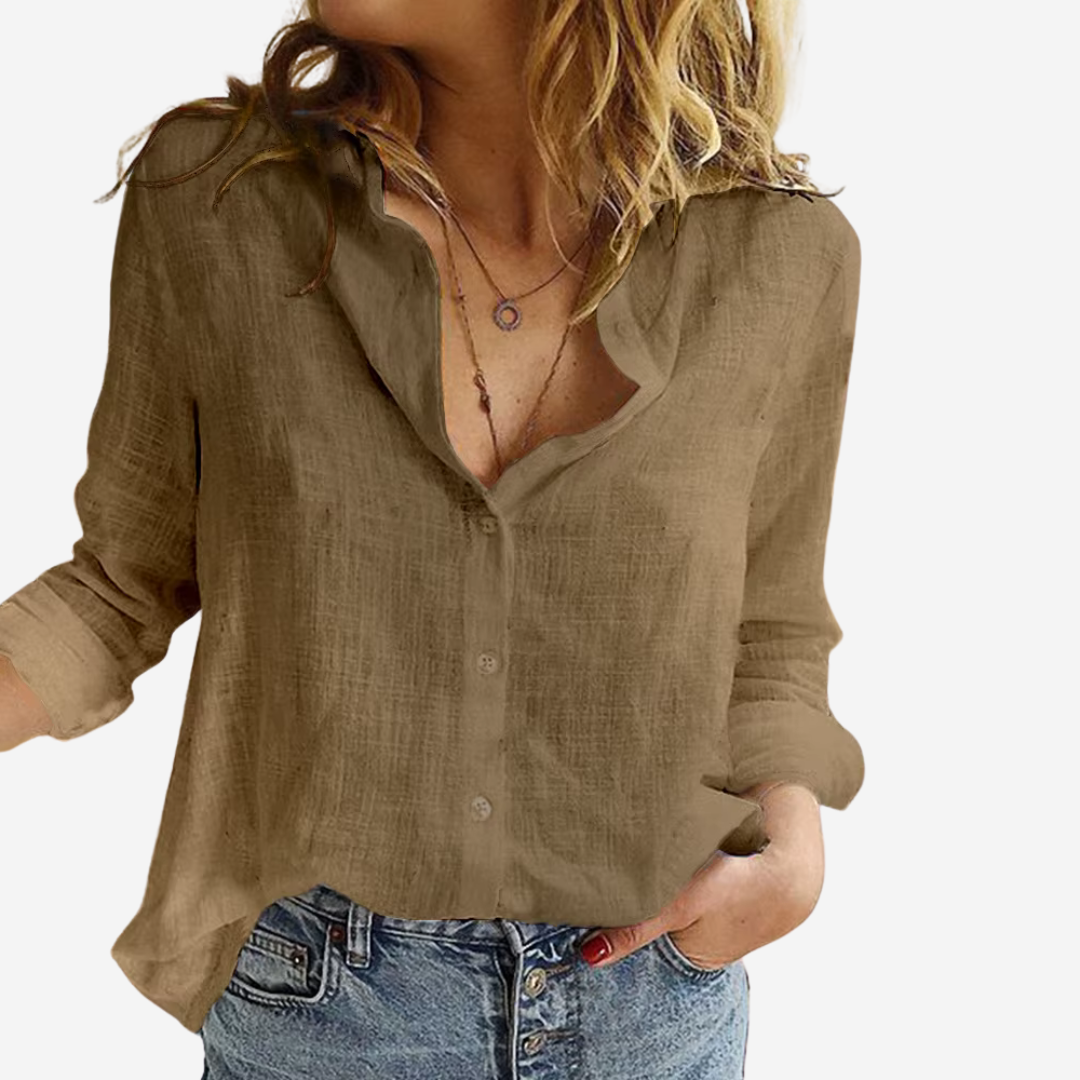 Stylish white linen blend button-down blouse, women's long sleeve top, new spring fashion