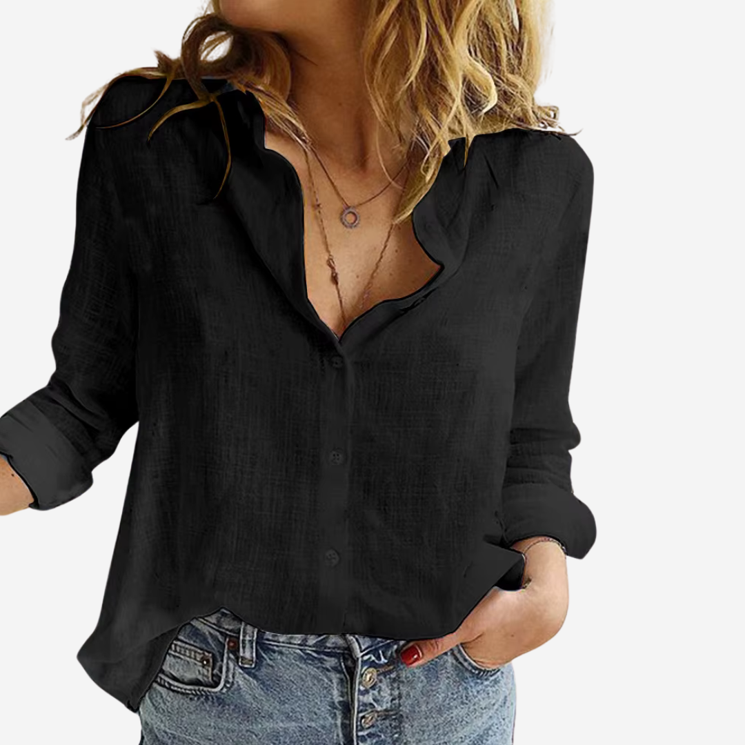 Green linen blend button-down top, women's casual blouse, comfortable relaxed fit summer wear