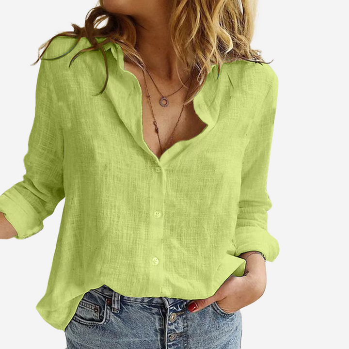 Beige linen blend button-down blouse, women's new casual top, lightweight for warm weather
